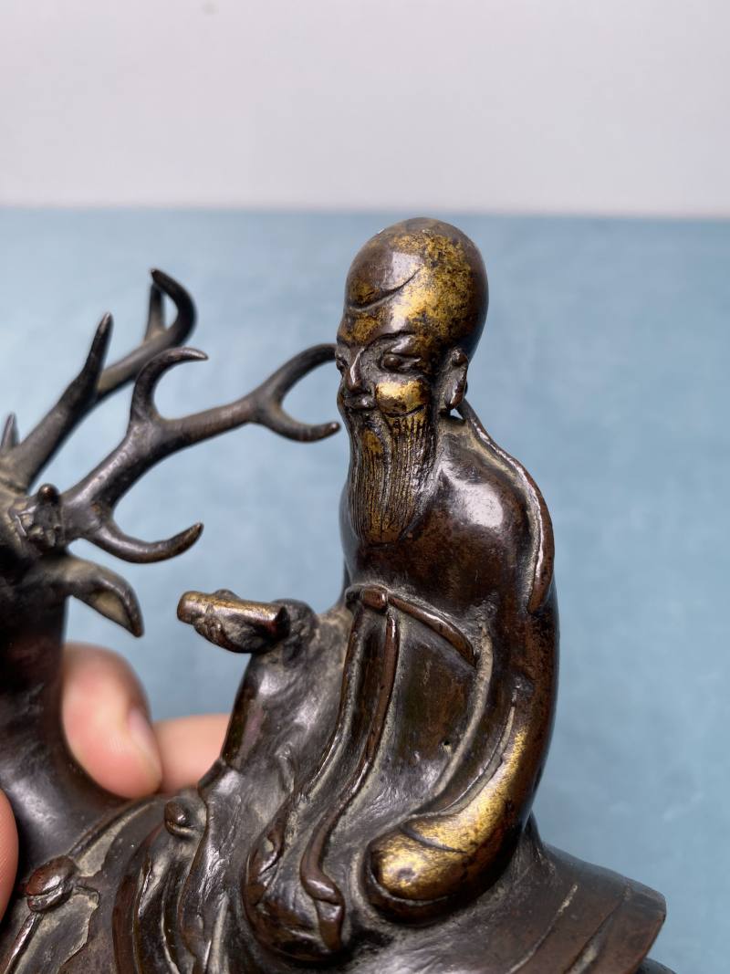 明 铜局部鎏金寿星骑鹿香薰 - 图10