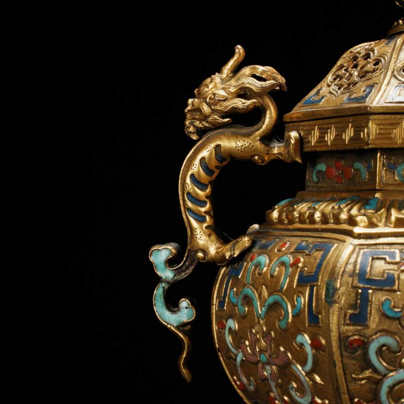 清乾隆铜鎏金珐琅双龙耳香熏炉 - 图3