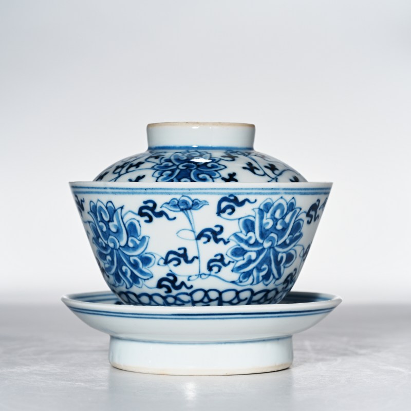 清光绪 青花缠枝莲纹三才盖碗 - 图2