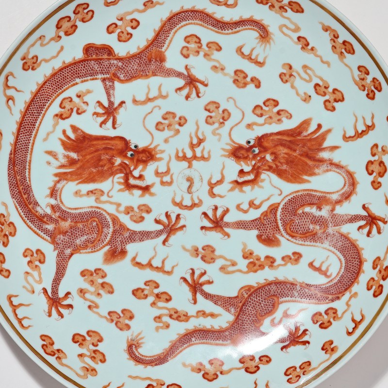 清光绪 青花二龙戏珠纹盘 - 图2