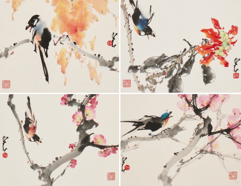 趙少昂 花鳥 設色紙本 四幅鏡片