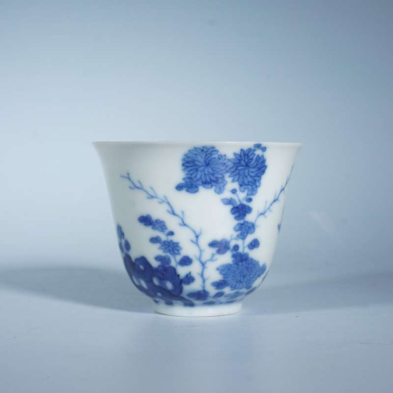 清光绪青花花卉诗文杯 - 图1