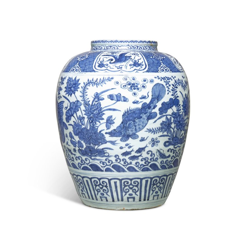 明萬曆 青花魚藻紋大罐 《大明萬曆年製》款