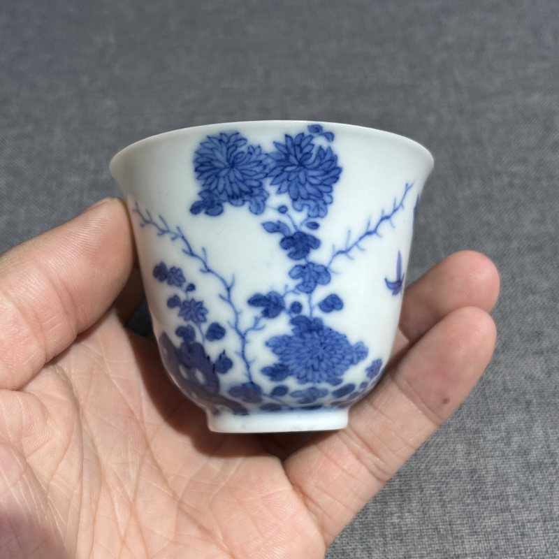 清光绪青花花卉诗文杯 - 图4