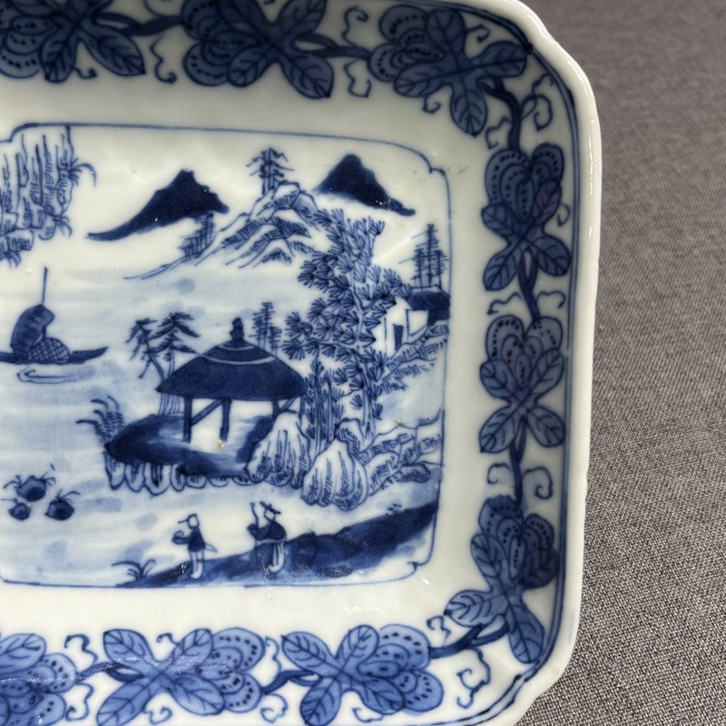 清道光青花山水四方洗 - 图7