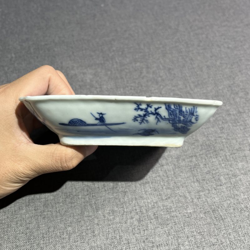 清道光青花山水四方洗 - 图9