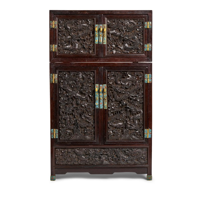 十八/十九世紀 紫檀雕雲龍紋袖珍頂箱櫃 | A MINIATURE ZITAN COMPOUND CABINET AND HAT CHEST, DINGXIANGGUI - 图1