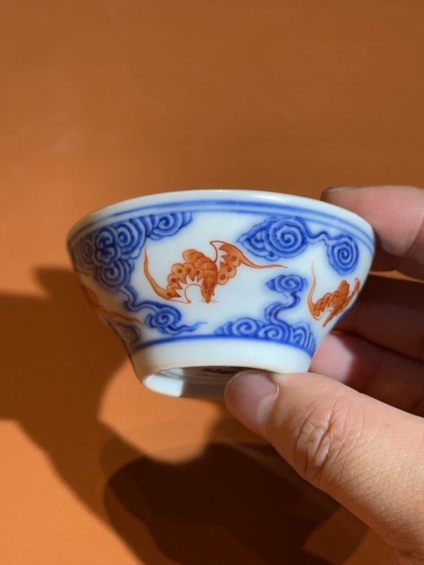 民国 青花矾红洪福齐天纹马蹄杯一对 - 图6