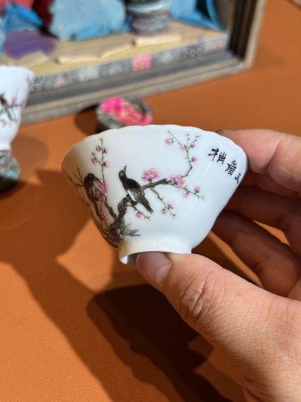 晚清 清末民初 粉彩喜上眉梢折腰杯六只 - 图6