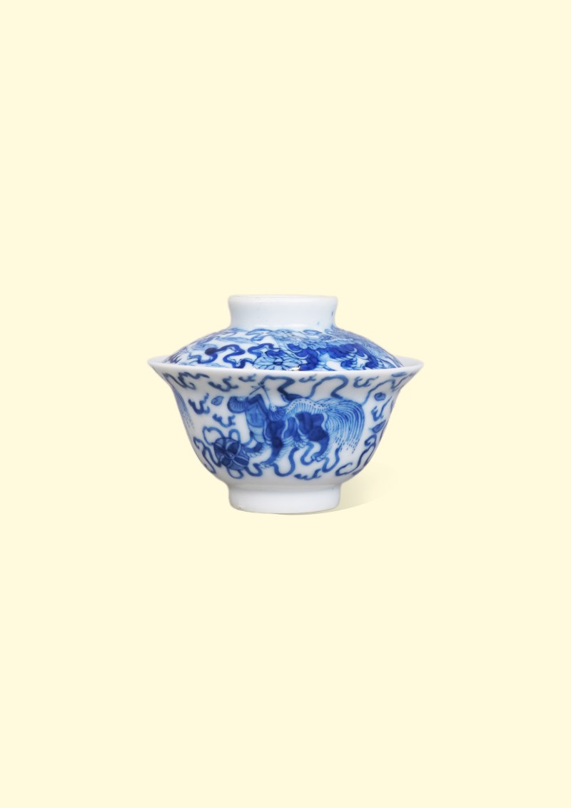 晚清 清晚期 青花五世同堂纹盖杯 - 图1