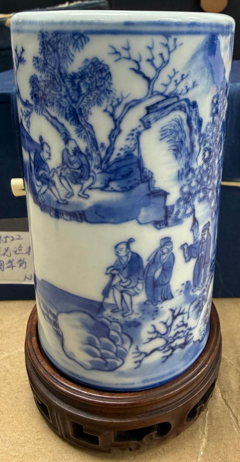 清道光 青花漁樵耕讀圖筆筒 - 图4