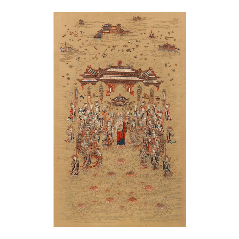 晚清/民國 眾佛行列圖錦綉挂屏 | AN EMBROIDERED SILK 'BUDDHIST PROCESSION' PANEL