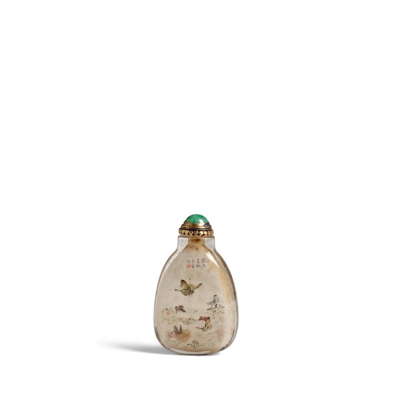 丁酉 (1897年) 馬少宣 玻璃內畫蝴蝶圖題詩鼻煙壺一件 | AN INSIDE-PAINTED 'BUTTERFLY' GLASS SNUFF BOTTLE