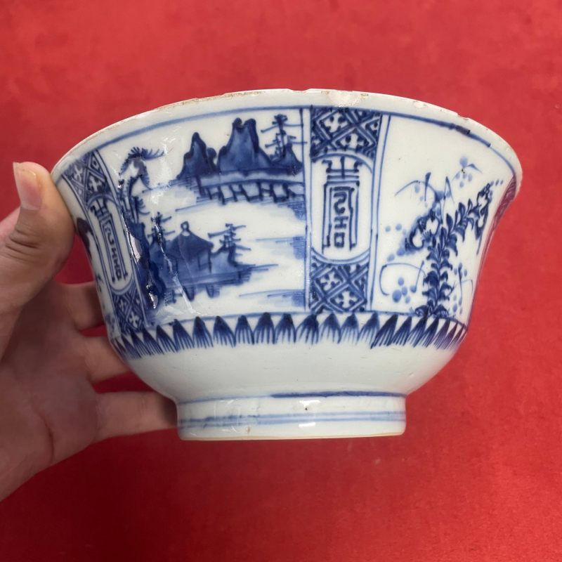 清康熙 青花山水花卉纹碗 - 图10