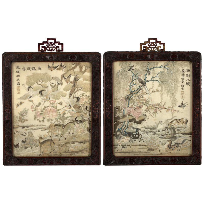 晚清 錦綉「鶴鹿同春」及 「封侯八駿」掛屏兩幅 | TWO SILK EMBROIDERED 'AUSPICIOUS ANIMALS' PANELS - 图6