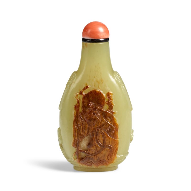 1736-1795 帶皮黃玉雕「鶴鹿同春」鼻煙壺一件 | A FINE AND ELEGANT YELLOW JADE AND RUSSET SKIN SNUFF BOTTLE - 图5