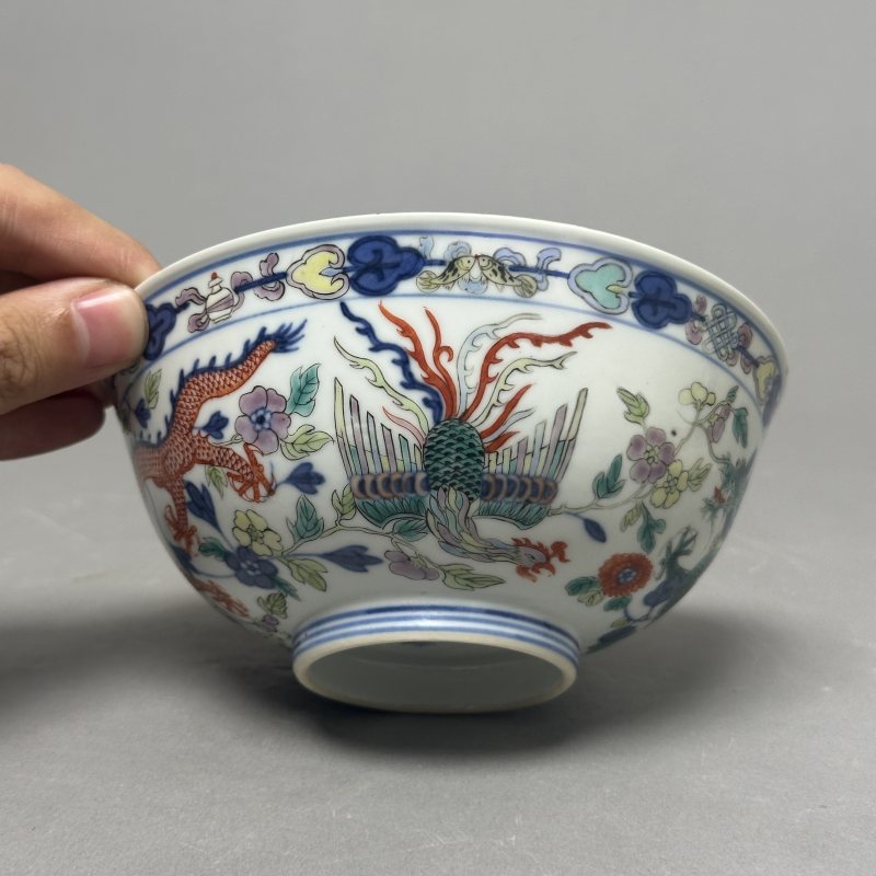 清光绪 青花五彩龙凤纹碗 - 图3