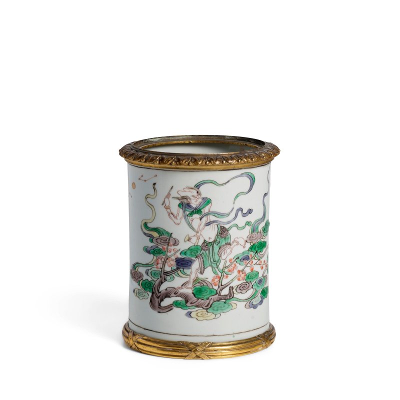 清康熙 五彩魁星點斗圖小筆筒 裝鎏金銅邊飾 | A FAMILLE-VERTE 'KUIXING' BRUSHPOT - 图1
