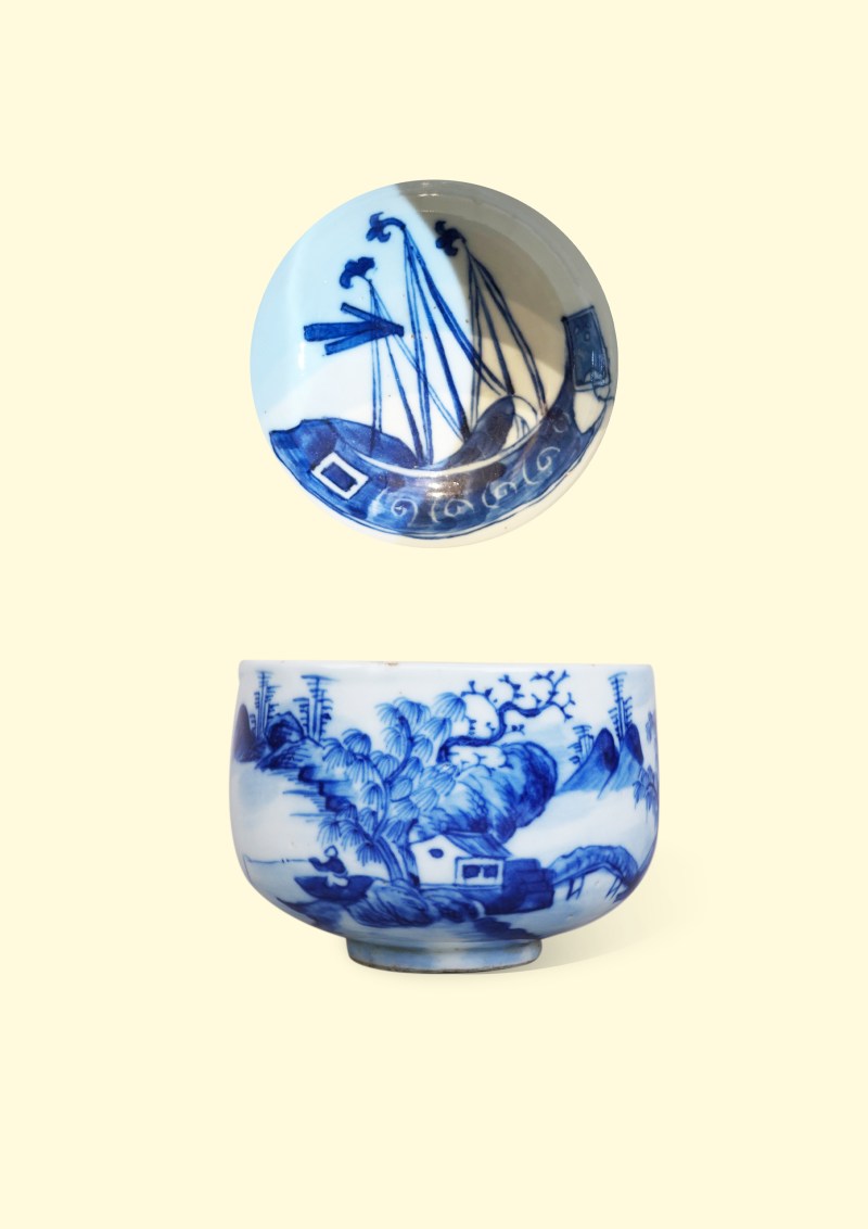清道光 青花山水诗文商船抹茶碗