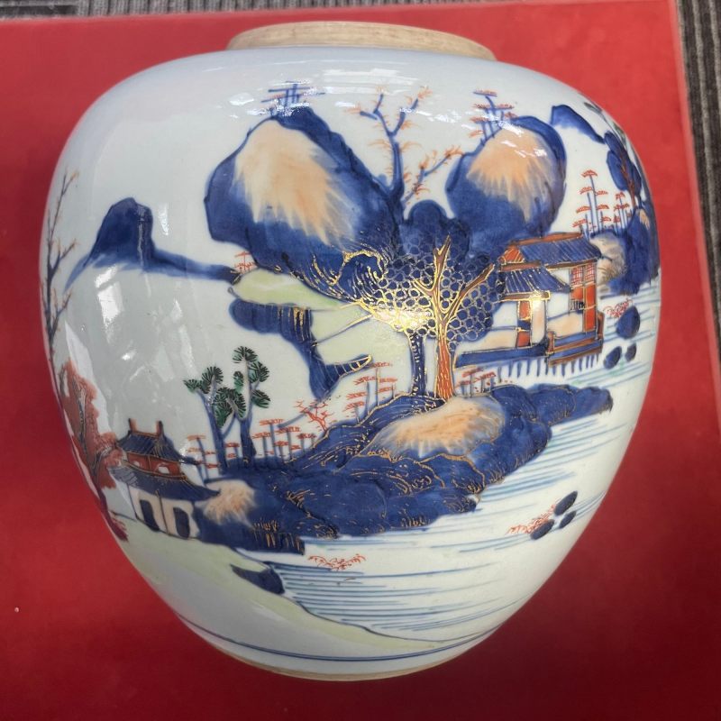 清乾隆 青花加彩山水图罐 - 图7