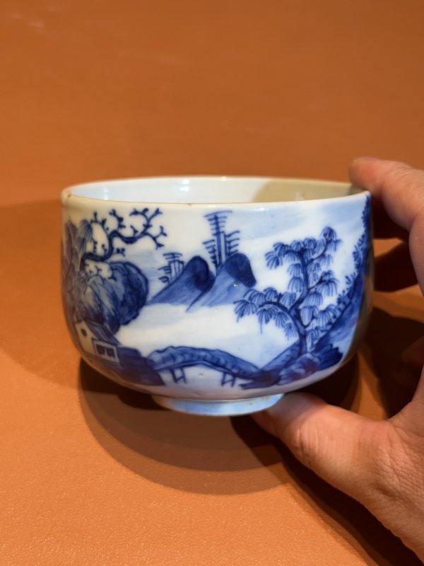清道光 青花山水诗文商船抹茶碗 - 图2