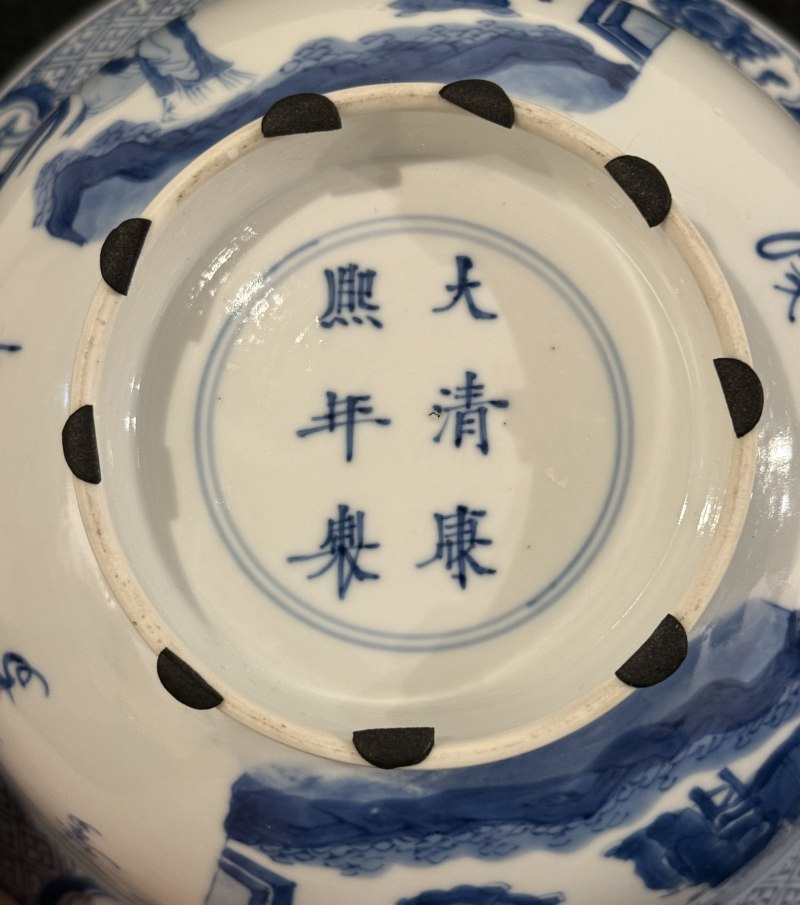 清康熙 青花西廂記故事圖詩文折腰碗 - 图8