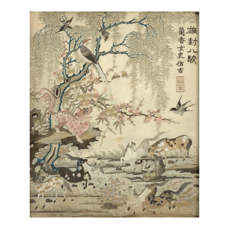 晚清 錦綉「鶴鹿同春」及 「封侯八駿」掛屏兩幅 | TWO SILK EMBROIDERED 'AUSPICIOUS ANIMALS' PANELS - 图9