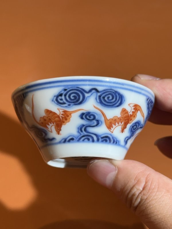 民国 青花矾红洪福齐天纹马蹄杯一对 - 图4