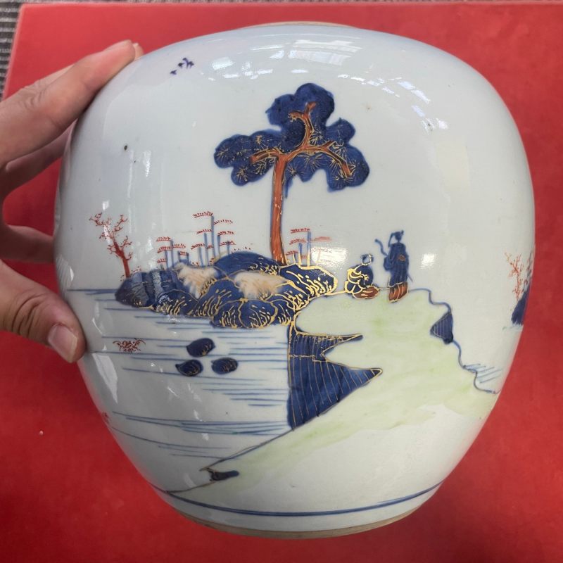 清乾隆 青花加彩山水图罐 - 图8