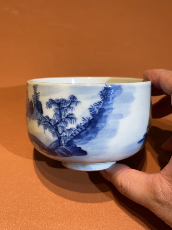 清道光 青花山水诗文商船抹茶碗 - 图3