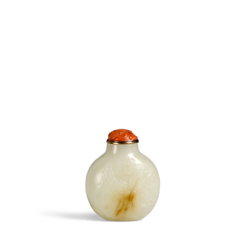 1700-1780 白玉巧雕孟浩然踏雪尋梅圖鼻煙壺一件 | AN IMPORTANT AND EXCEPTIONAL WHITE JADE SNUFF BOTTLE