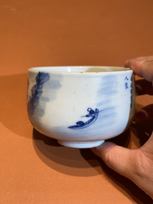 清道光 青花山水诗文商船抹茶碗 - 图4