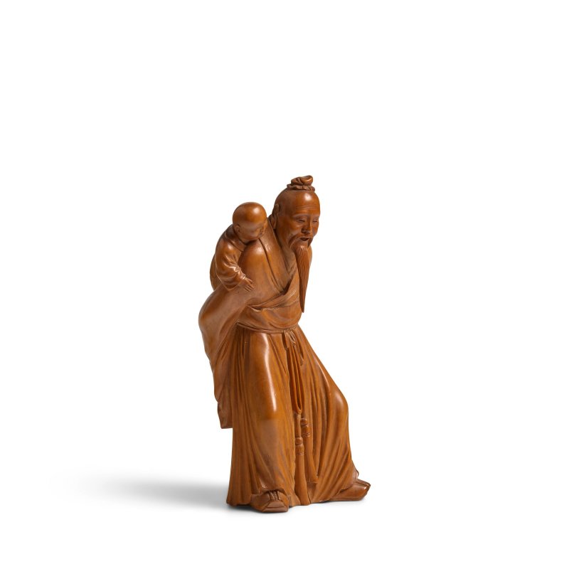 二十世紀初 「子常」款 黃楊木雕壽老童子立像 | A BOXWOOD CARVING OF SHOULAO AND CHILD - 图4