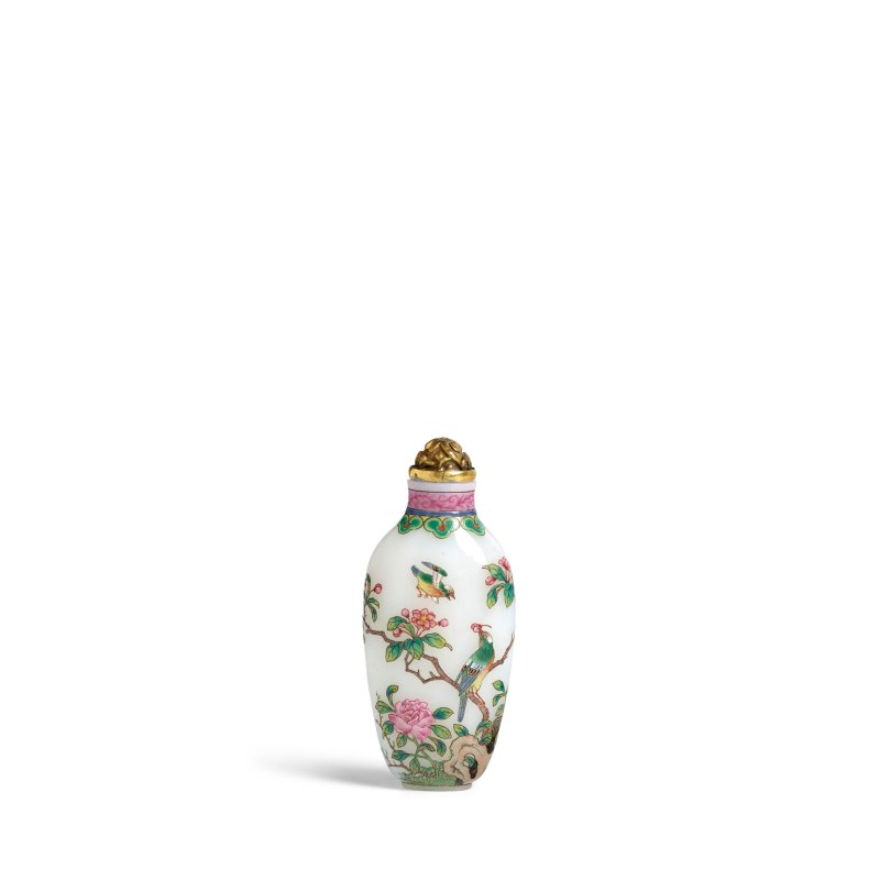 民國 1930-1945 料胎畫琺瑯牡丹花鳥紋鼻煙壺一件 | A FINE ENAMELLED GLASS SNUFF BOTTLE - 图12