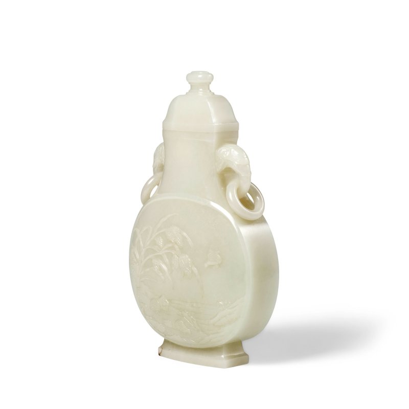 十八世紀 白玉雕嵗嵗平安圖象耳活環蓋瓶 | A WHITE JADE 'QUAILS AND MILET' VASE AND COVER - 图6