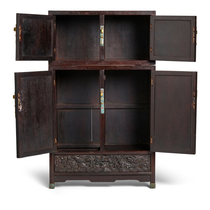 十八/十九世紀 紫檀雕雲龍紋袖珍頂箱櫃 | A MINIATURE ZITAN COMPOUND CABINET AND HAT CHEST, DINGXIANGGUI - 图12