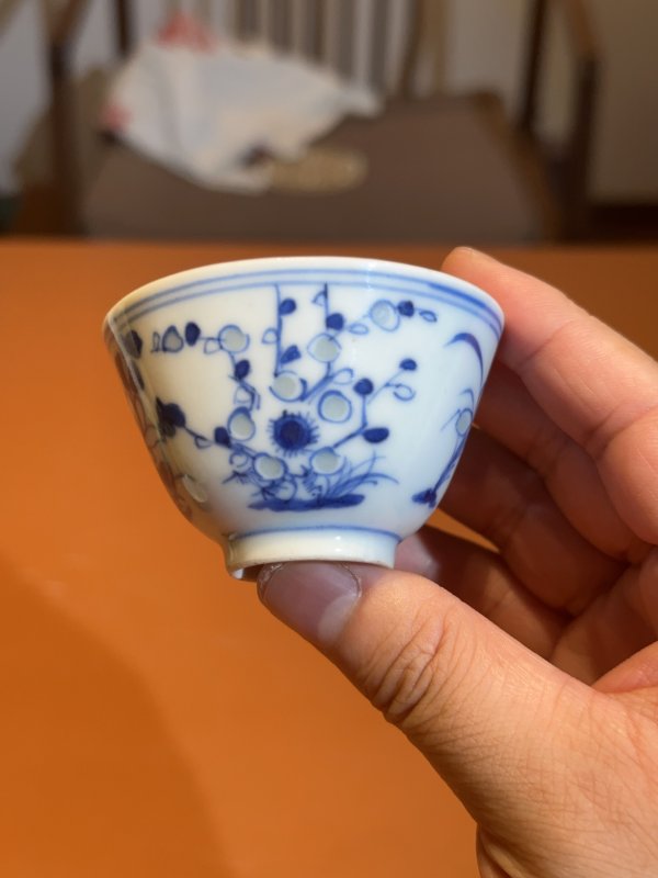清晚期 青花玲珑瓷四季花卉杯 - 图7
