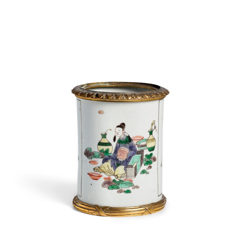 清康熙 五彩魁星點斗圖小筆筒 裝鎏金銅邊飾 | A FAMILLE-VERTE 'KUIXING' BRUSHPOT - 图8