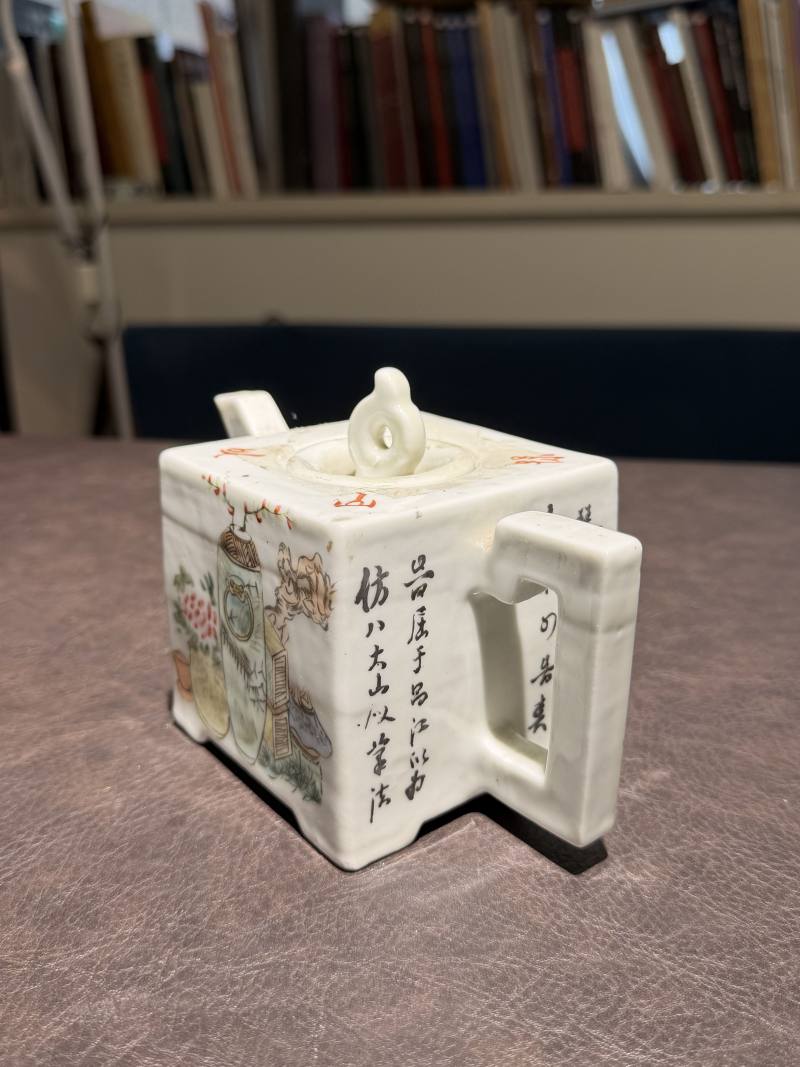 民国 “友松”款浅绛彩人物诗文四方茶壶 - 图6