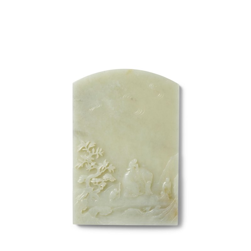 十八世紀 白玉雕童子洗象圖插屏 | A WHITE JADE 'ELEPHANT AND BOYS' TABLE SCREEN - 图1