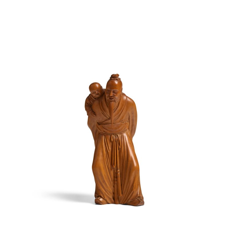 二十世紀初 「子常」款 黃楊木雕壽老童子立像 | A BOXWOOD CARVING OF SHOULAO AND CHILD - 图5