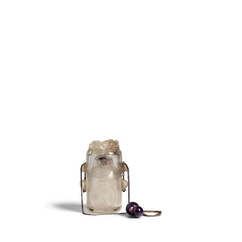 清 水晶五福「古希天子」鼻煙壺一件 | AN UNUSUAL ROCK CRYSTAL 'CANTEEN' SNUFF BOTTLE