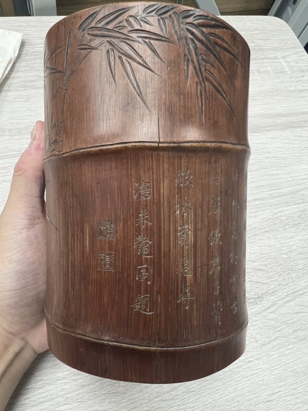 清 鼇圖款風竹圖詩文隨形筆筒 - 图7