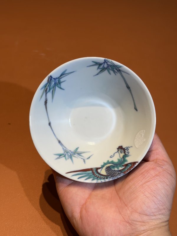 清光绪 仿郎窑斗彩“凤鸣在竹”斗笠盏 - 图5