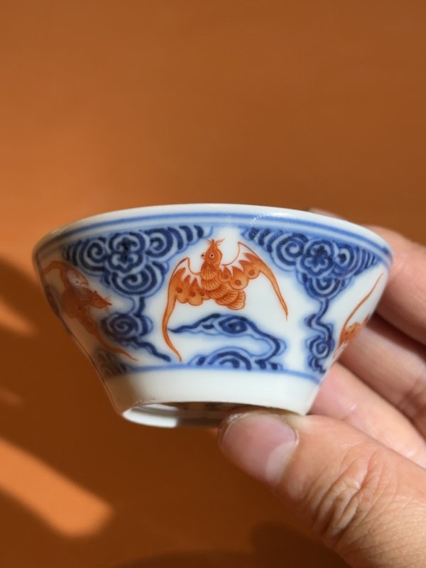 民国 青花矾红洪福齐天纹马蹄杯一对 - 图5