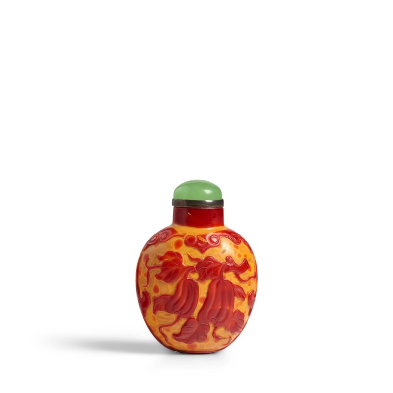 1820-1880 仿雄黃料胎「多子多福」鼻煙壺一件 | A CARVED 'REALGAR' GLASS 'MELON AND POMEGRANATE' SNUFF BOTTLE - 图8