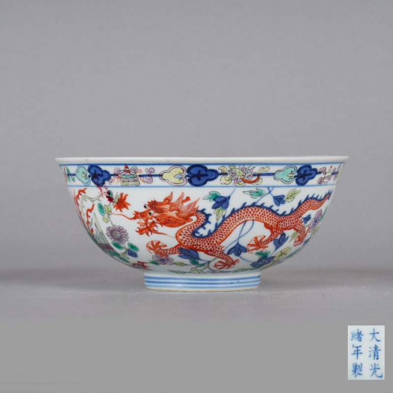 清光绪 青花五彩龙凤纹碗 - 图1
