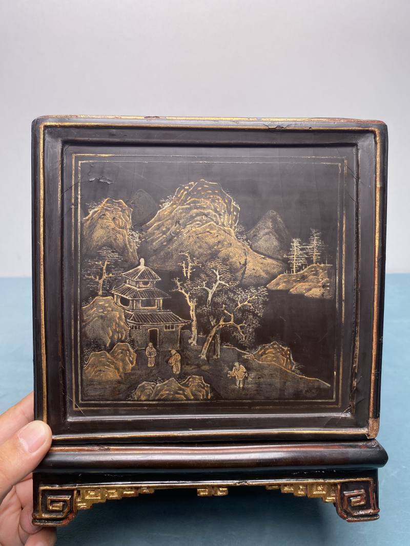 清 黑漆描金诗文携琴访友图印箱 - 图11