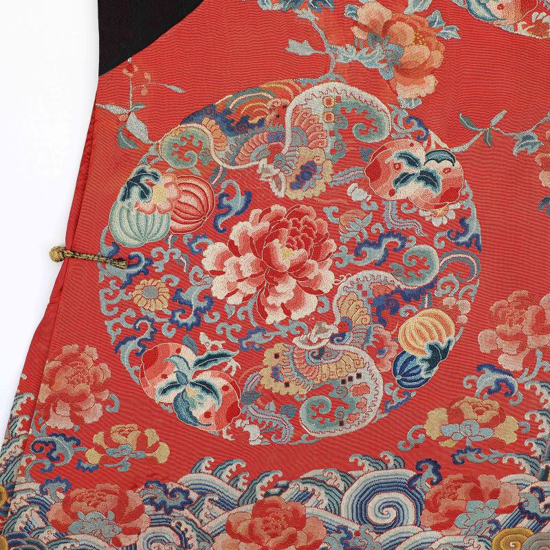 清 红地纳纱喜相逢吉服袍 - 图3