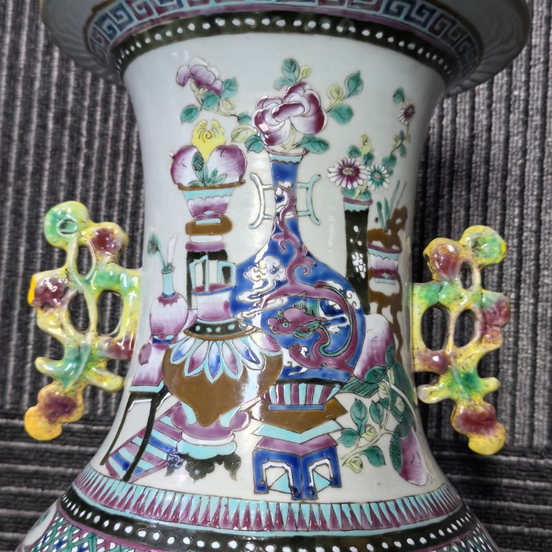 清晚期 粉彩群仙祝寿双耳花口大瓶一对 - 图14